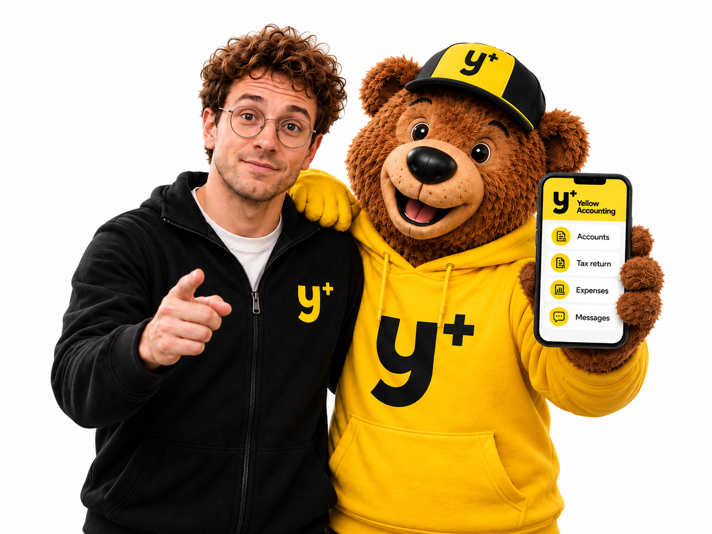 The Yellow Accounting man beside Y Bear holding a phone showing the Yellow Accounting app